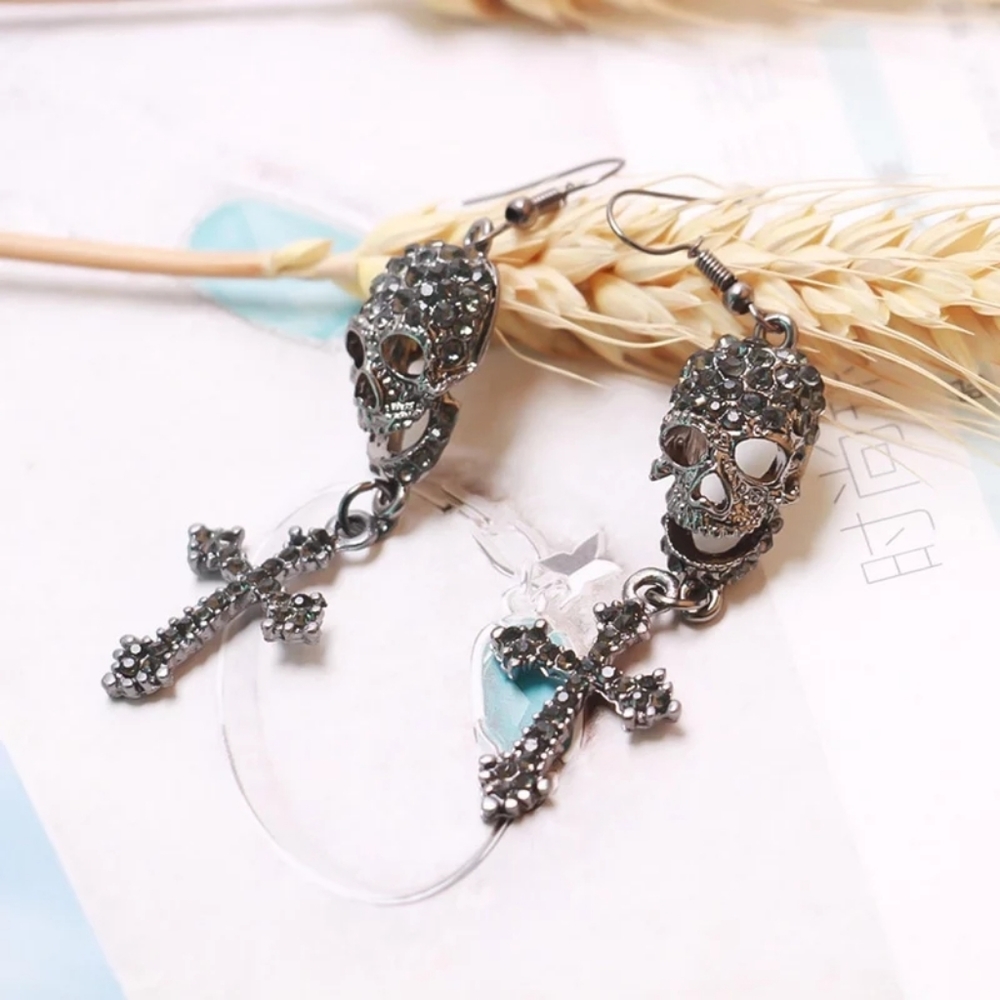 Gunmetal Goth Diamante Skull Crucifix Earrings